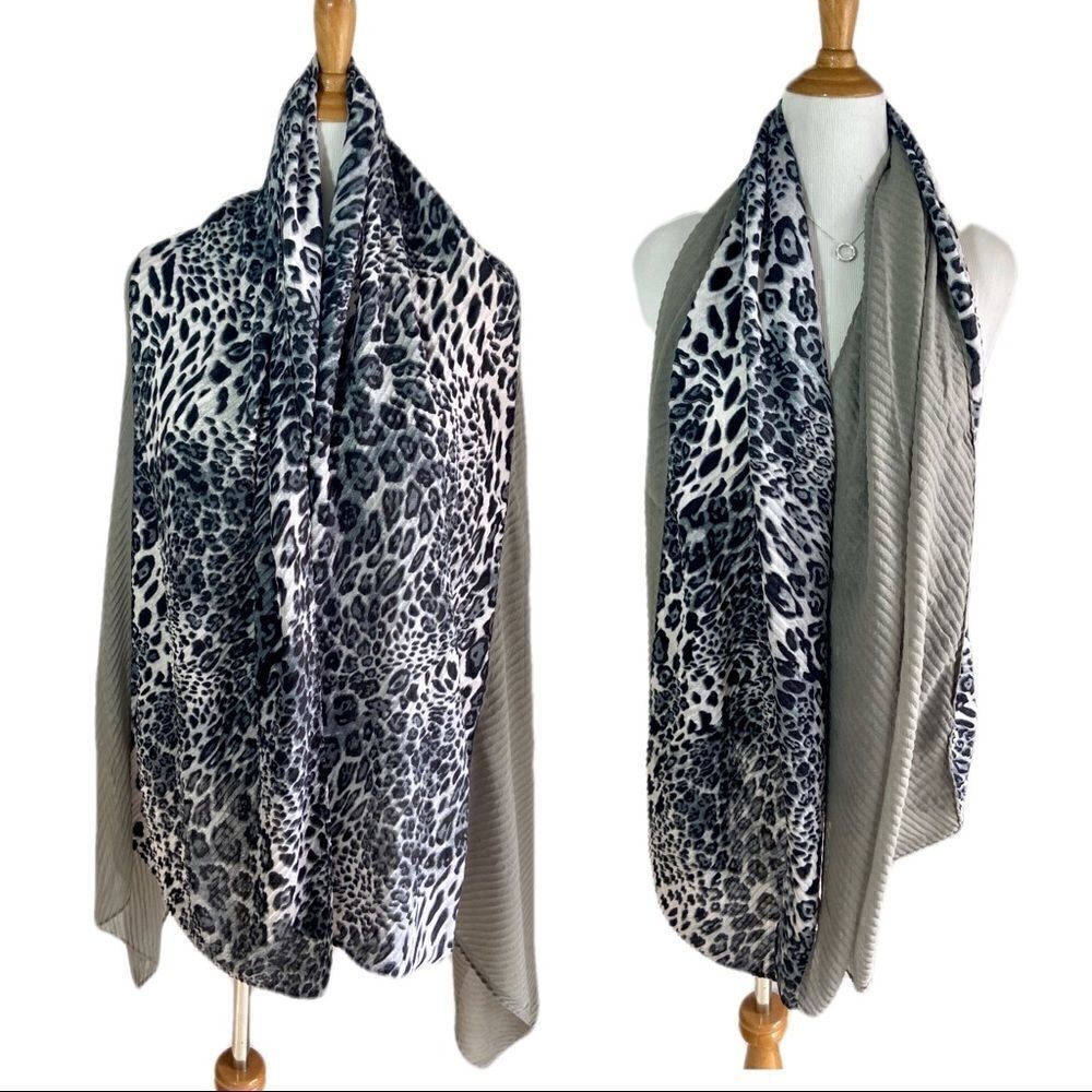 Grey Leopard Print & Solid Pleated Versatile Long Scarf - Picture 10 of 11